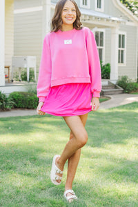 Girls: Seize The Day Fuchsia Cropped Mockneck Patch Pullover