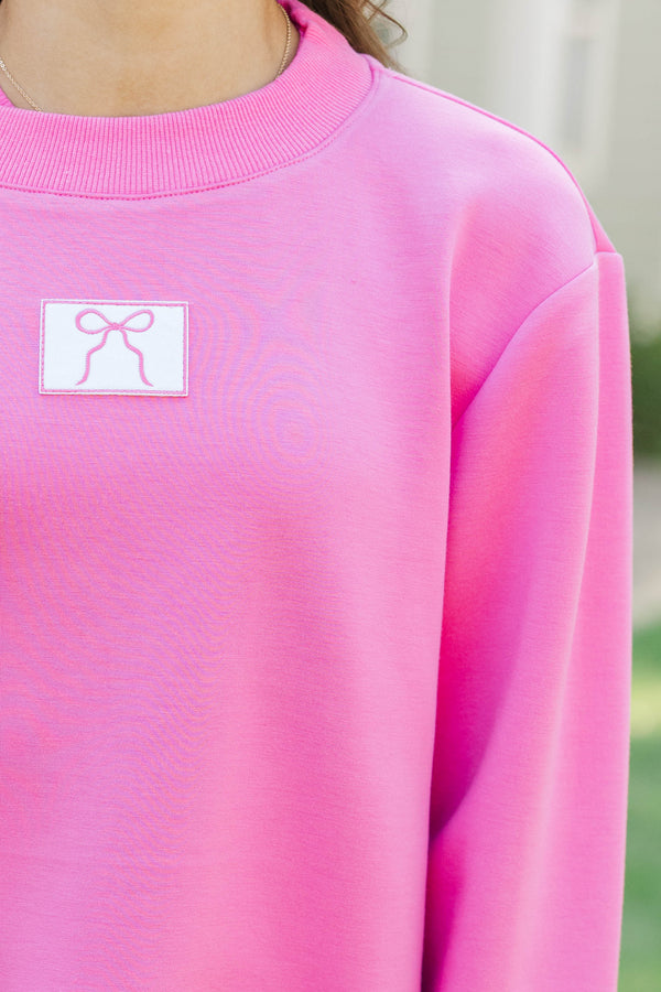 Girls: Seize The Day Fuchsia Cropped Mockneck Patch Pullover