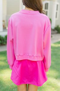 Girls: Seize The Day Fuchsia Cropped Mockneck Patch Pullover