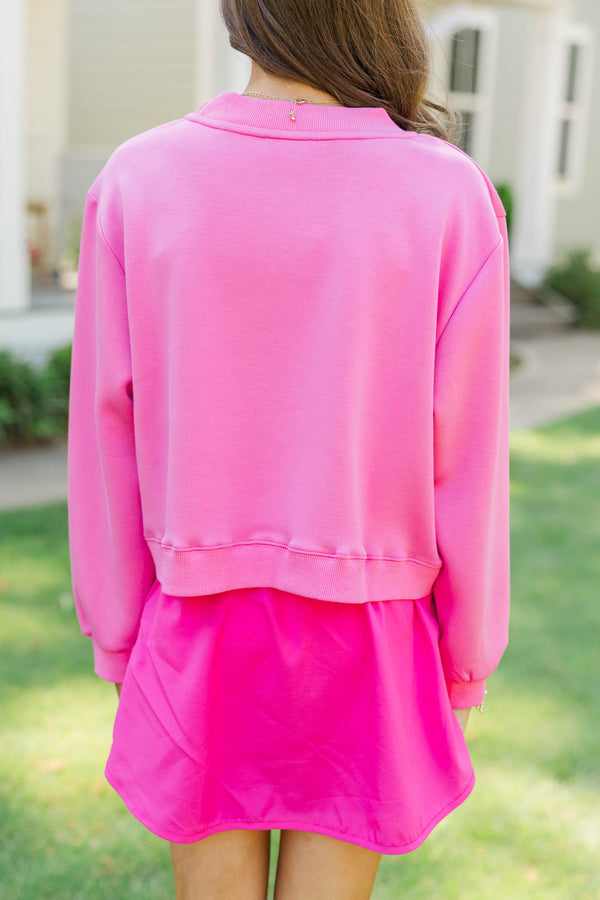 Girls: Seize The Day Fuchsia Cropped Mockneck Patch Pullover