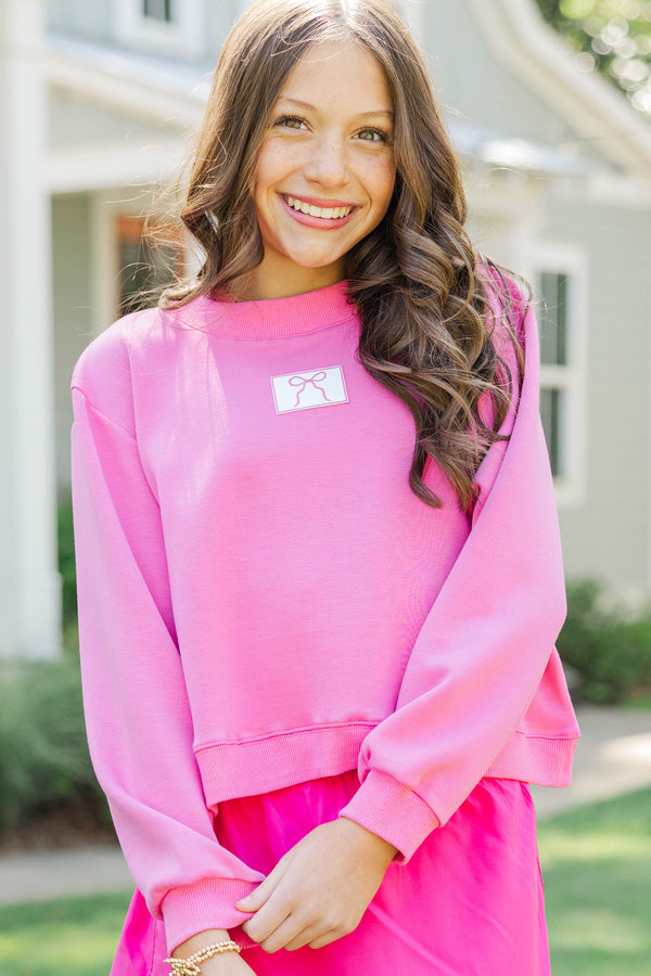 Girls: Seize The Day Fuchsia Cropped Mockneck Patch Pullover