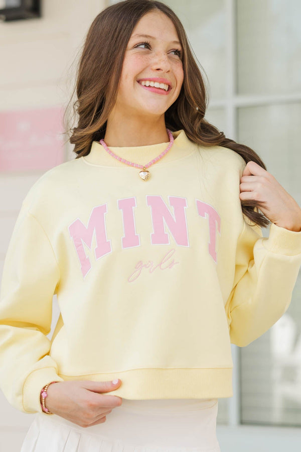 Girls: The Mint Girls Yellow Cropped Mock Neck Pullover