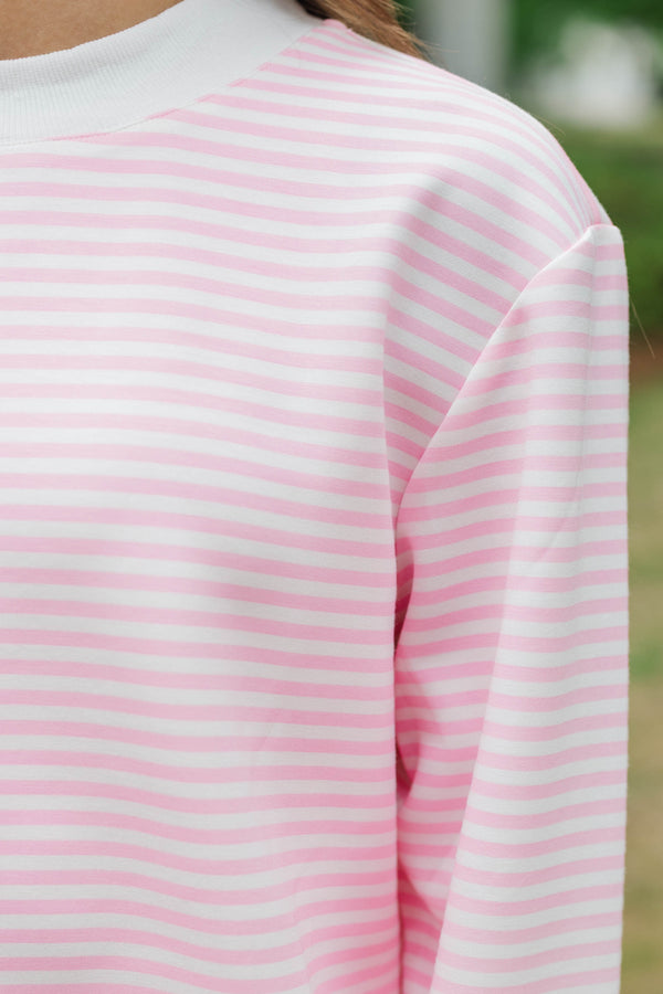 Girls: Born To Move Pink Striped Cropped Mockneck Pullover