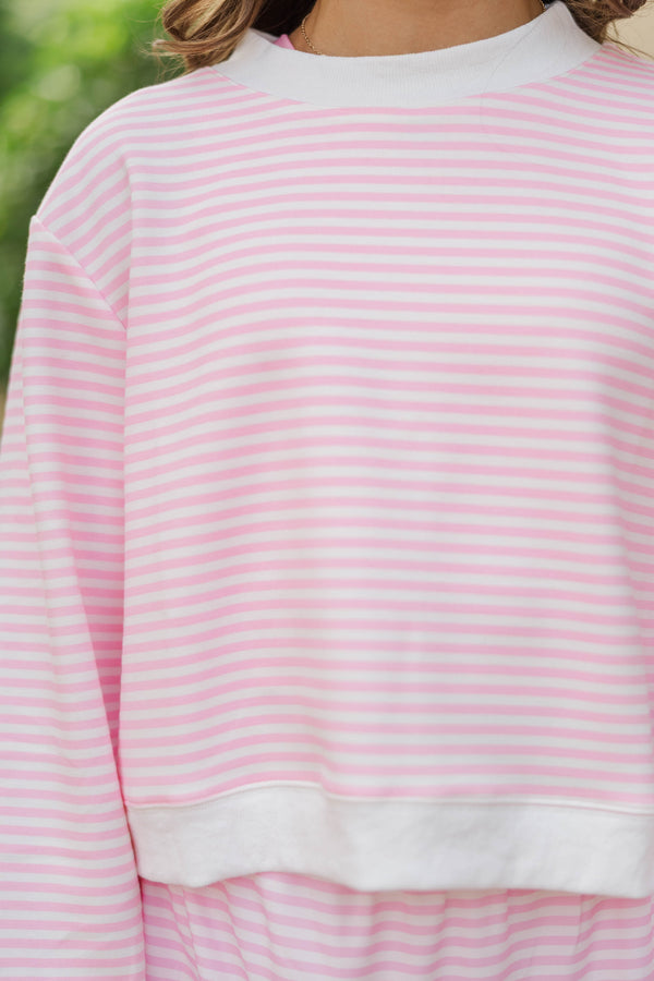 Girls: Born To Move Pink Striped Cropped Mockneck Pullover