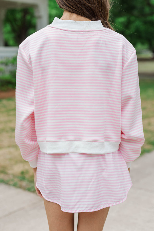 Girls: Born To Move Pink Striped Cropped Mockneck Pullover