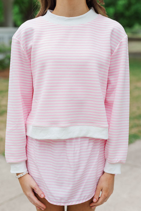 Girls: Born To Move Pink Striped Cropped Mockneck Pullover