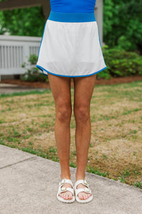 Girls: Trailblazer White And Royal Blue Trim Athletic Skort