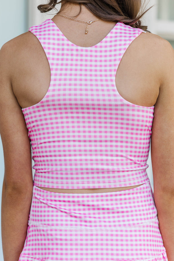 Girls: Just Keep Going Pink Gingham Long Crop Tank