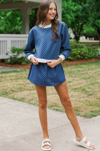 Girls: Born To Move Navy Polka Dot Cropped Mockneck Pullover