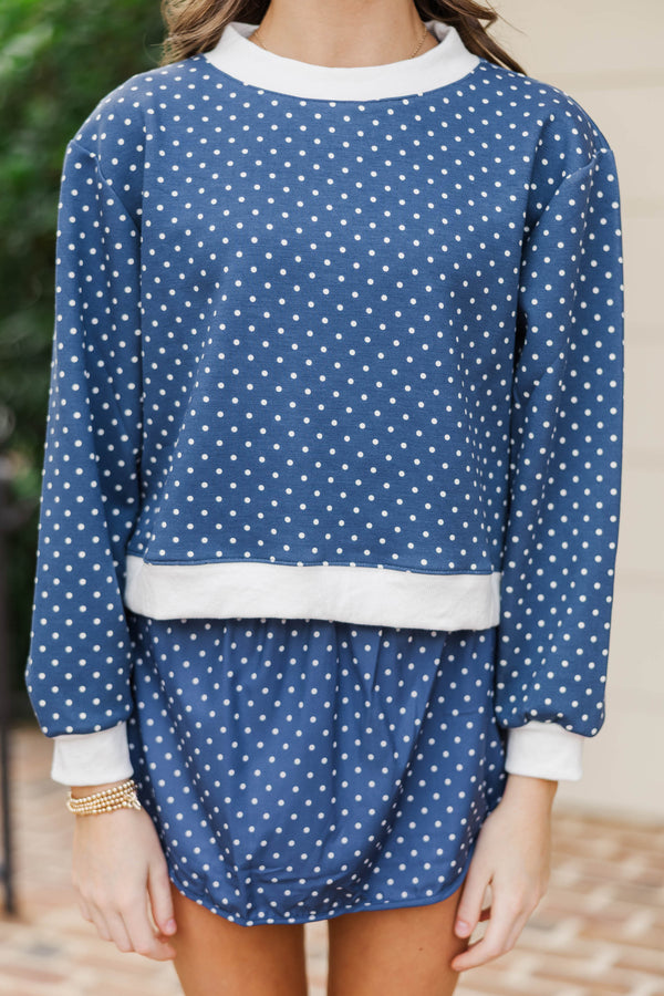 Girls: Born To Move Navy Polka Dot Cropped Mockneck Pullover