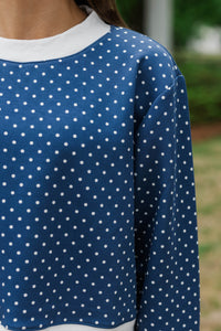 Girls: Born To Move Navy Polka Dot Cropped Mockneck Pullover