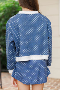 Girls: Born To Move Navy Polka Dot Cropped Mockneck Pullover