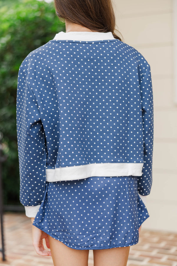Girls: Born To Move Navy Polka Dot Cropped Mockneck Pullover