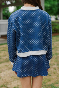 Girls: Born To Move Navy Polka Dot Cropped Mockneck Pullover