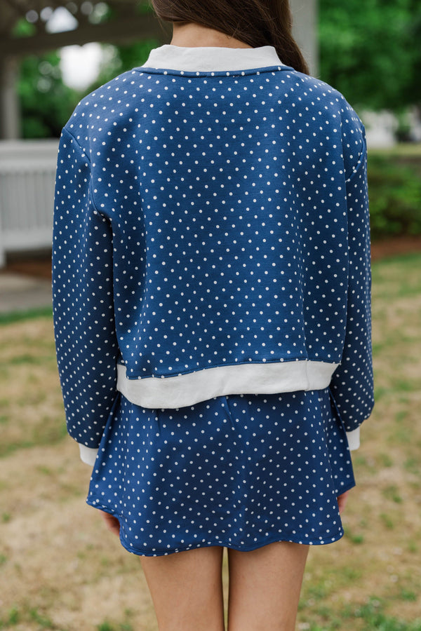 Girls: Born To Move Navy Polka Dot Cropped Mockneck Pullover