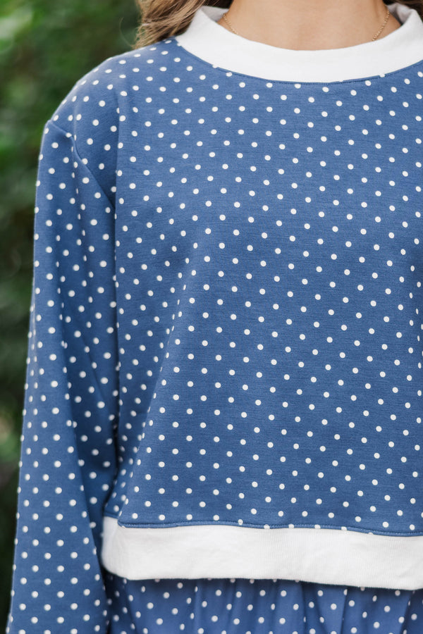 Girls: Born To Move Navy Polka Dot Cropped Mockneck Pullover