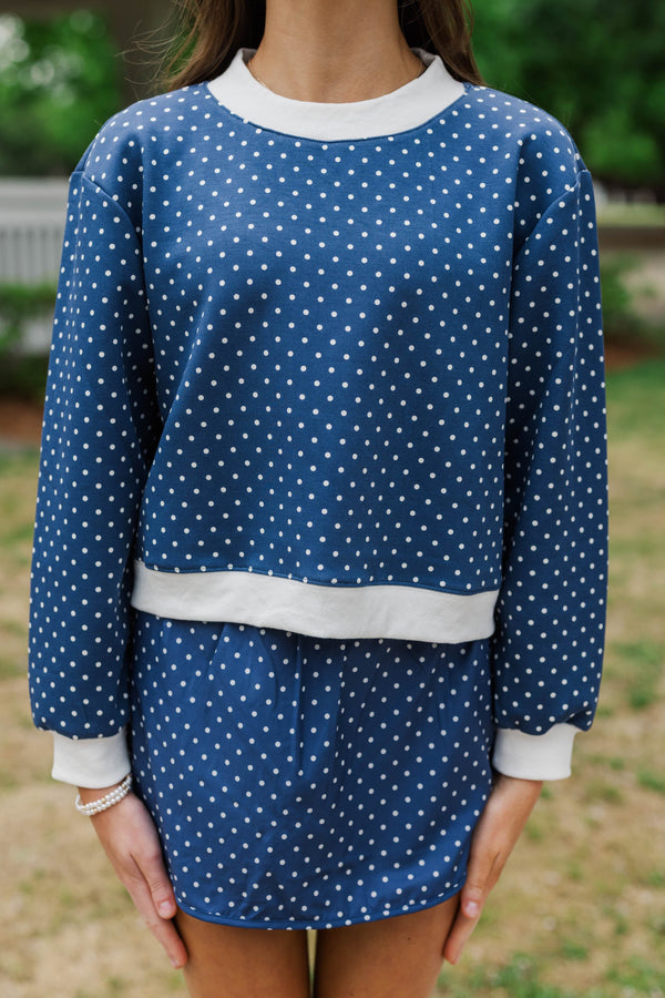 Girls: Born To Move Navy Polka Dot Cropped Mockneck Pullover