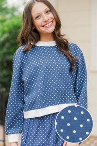 Girls: Born To Move Navy Polka Dot Cropped Mockneck Pullover