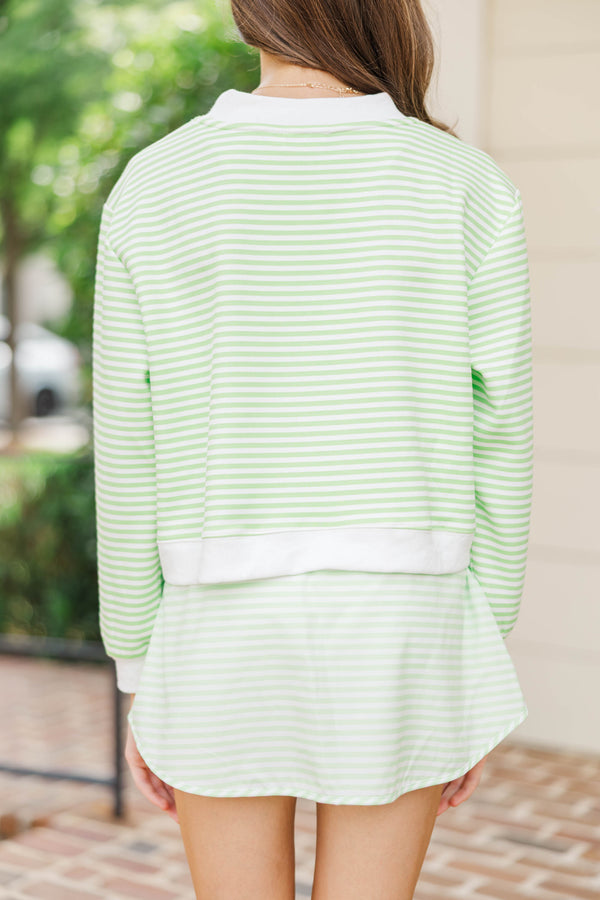 Girls: Born To Move Green Striped Cropped Mockneck Pullover