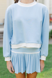 Girls: In A Hurry Light Blue And White Trim Mockneck Sweatshirt