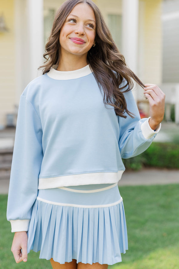 Girls: In A Hurry Light Blue And White Trim Mockneck Sweatshirt