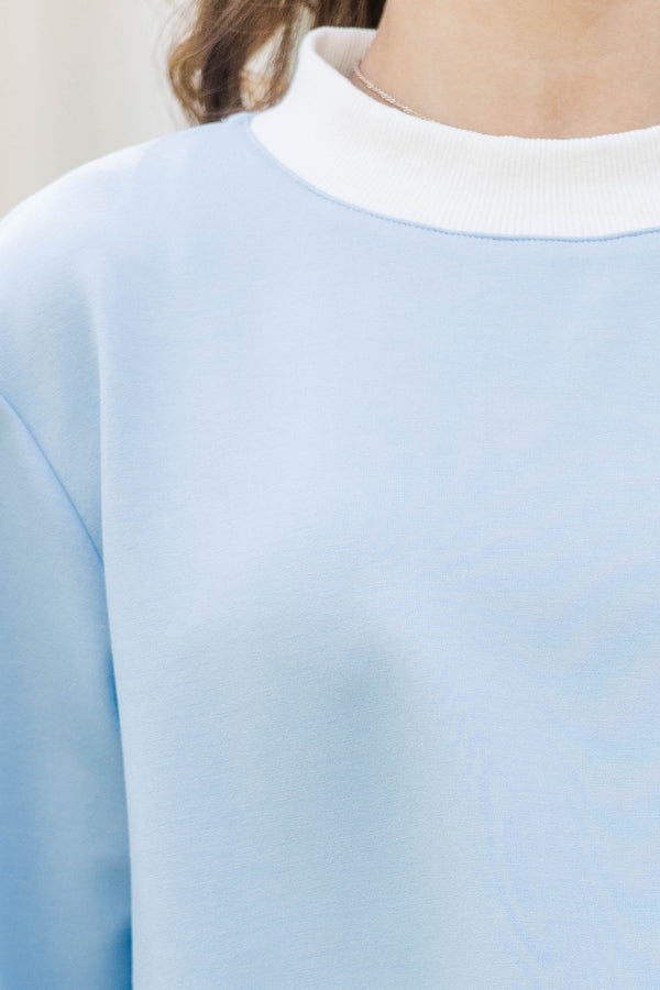 Girls: In A Hurry Light Blue And White Trim Mockneck Sweatshirt