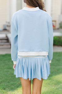 Girls: In A Hurry Light Blue And White Trim Mockneck Sweatshirt