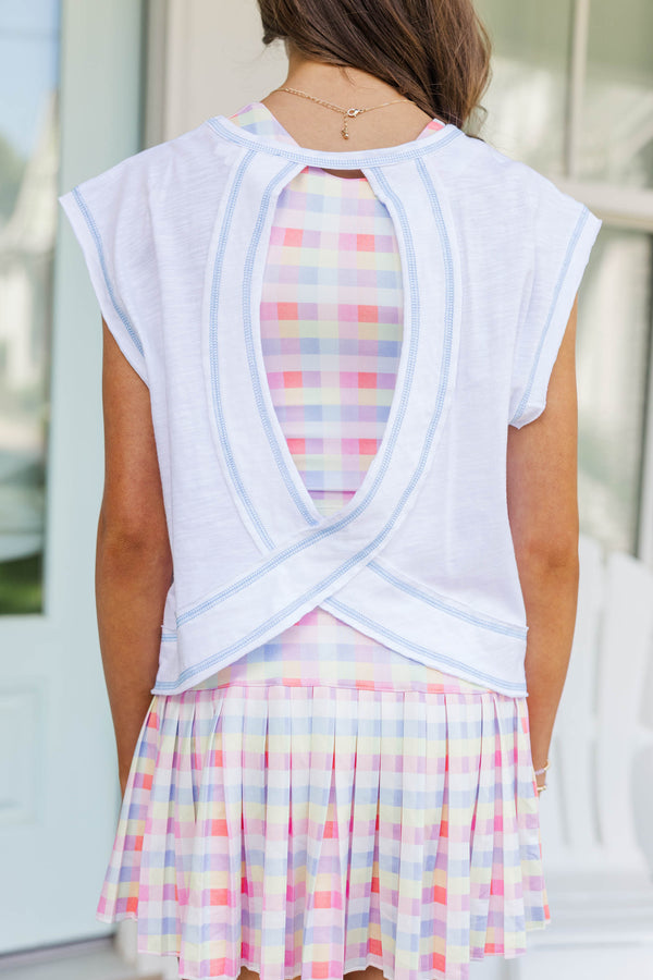 Girls: Victory Lap White/Light Blue Contrast Stitch Tee