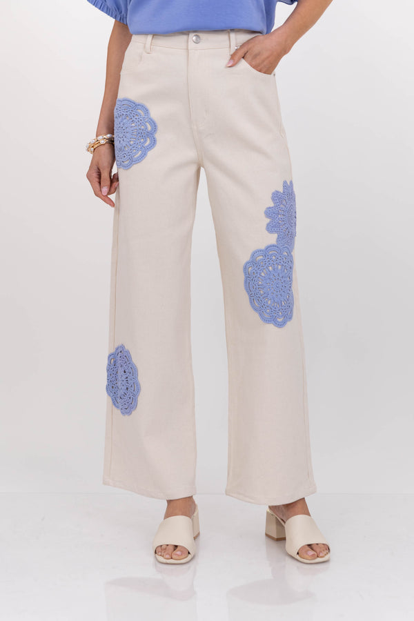Soft Details Only Cream Eyelet Wide Leg Jeans