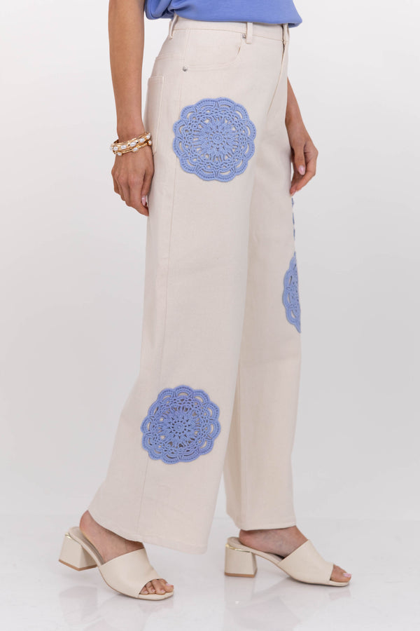Soft Details Only Cream Eyelet Wide Leg Jeans
