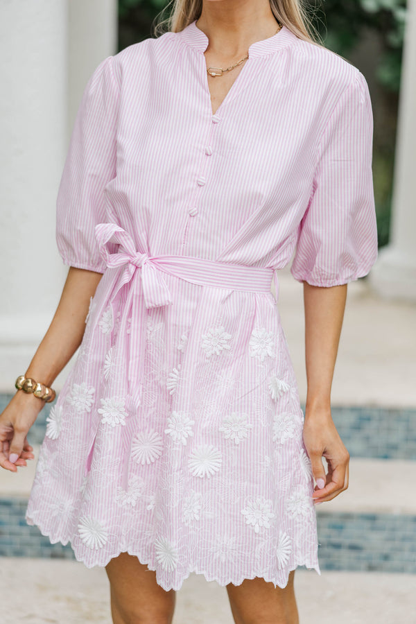 Southern Charm Pink Embroidered Striped Dress