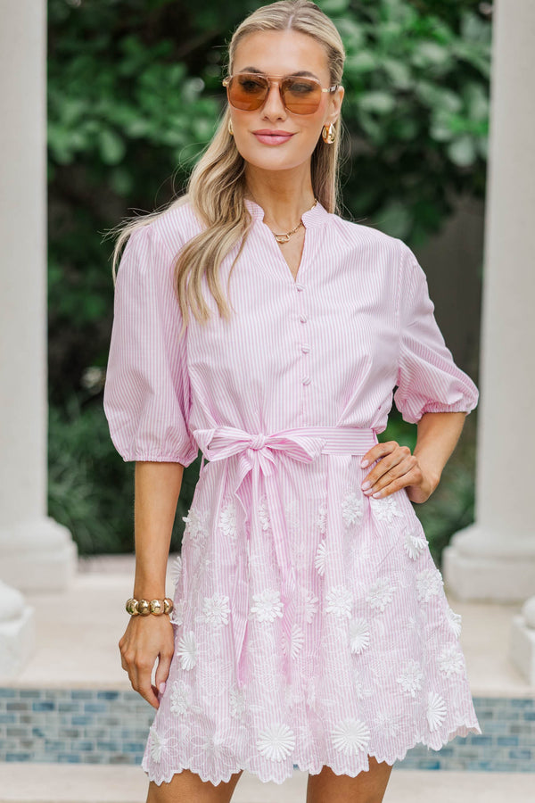 Southern Charm Pink Embroidered Striped Dress