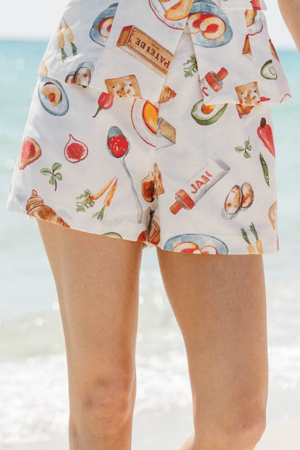 Meet Me There White Cafe Print Shorts