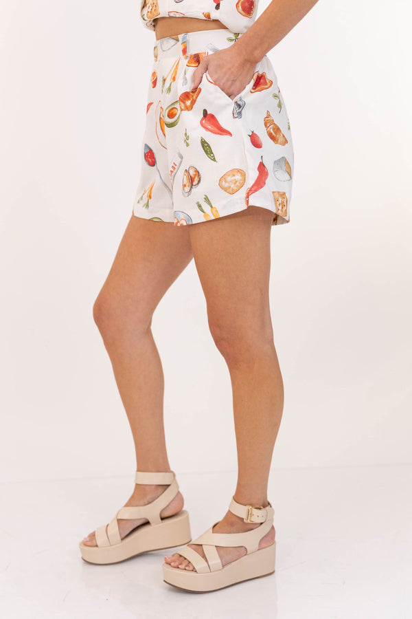 Meet Me There White Cafe Print Shorts