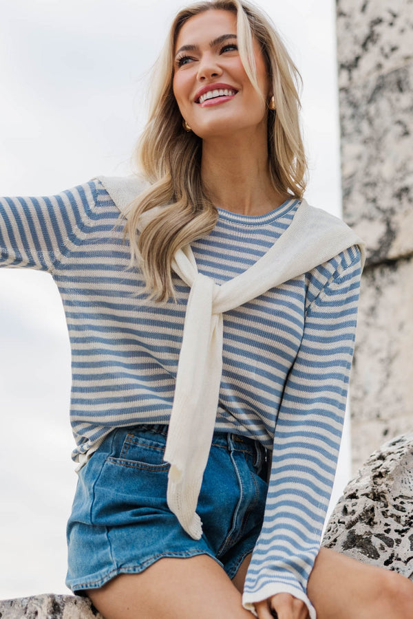 To Have You Near Light Blue Striped Sweater