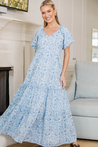 NURSING COLLECTION: Falling In Love Light Blue Toile Maxi Dress, Medium - The Mint Julep Boutique