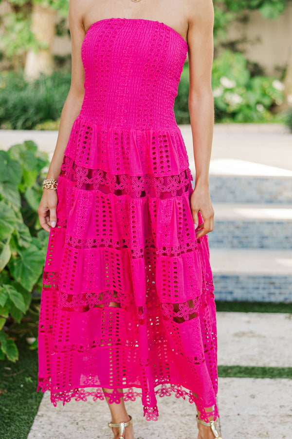 Just A Moment Fuchsia Crochet Midi Dress