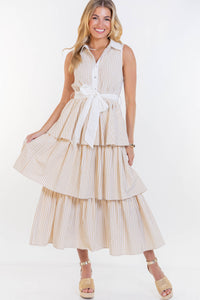 Calm & Collected Taupe Striped Midi Dress