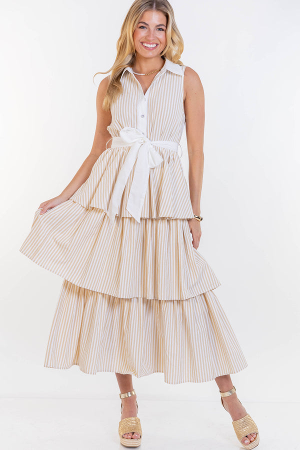 Calm & Collected Taupe Striped Midi Dress