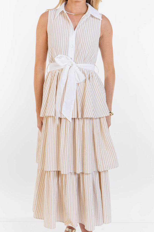 Calm & Collected Taupe Striped Midi Dress