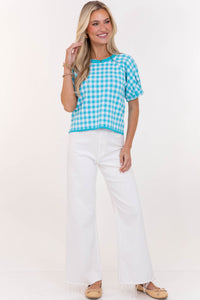 Weekend Glow Aqua Gingham Sweater