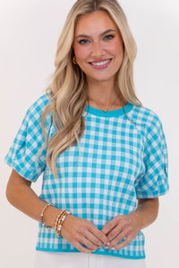 Weekend Glow Aqua Gingham Sweater