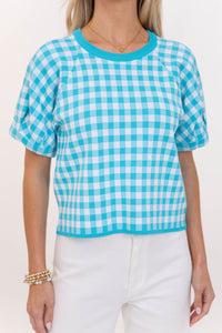 Weekend Glow Aqua Gingham Sweater