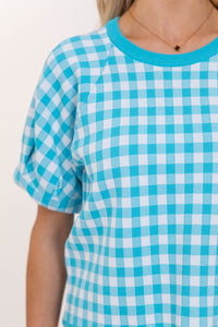 Weekend Glow Aqua Gingham Sweater