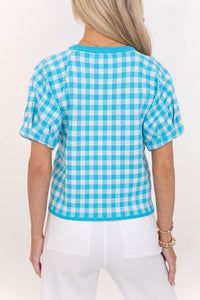 Weekend Glow Aqua Gingham Sweater