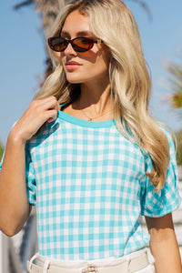 Weekend Glow Aqua Gingham Sweater