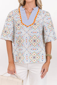 Spring Stroll Blue Medallion Blouse