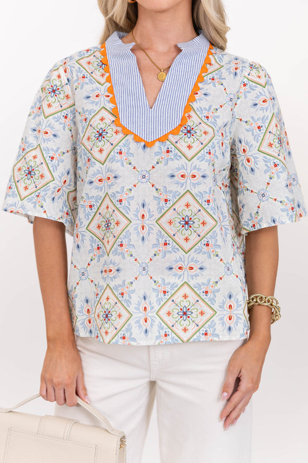 Spring Stroll Blue Medallion Blouse