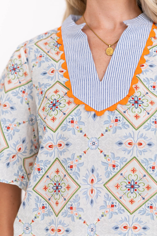 Spring Stroll Blue Medallion Blouse