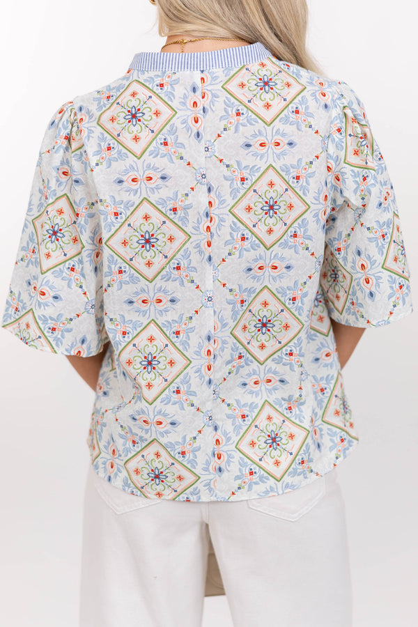 Spring Stroll Blue Medallion Blouse